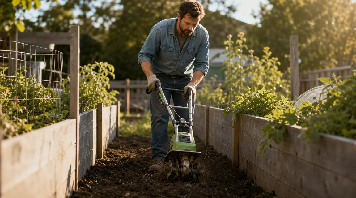 Gardener using a cordless tiller in a narrow raised bed between two wooden garden frames