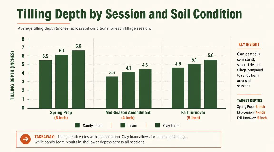 Chart showing tilling depth in inches across three raised bed sessions with different soil conditions