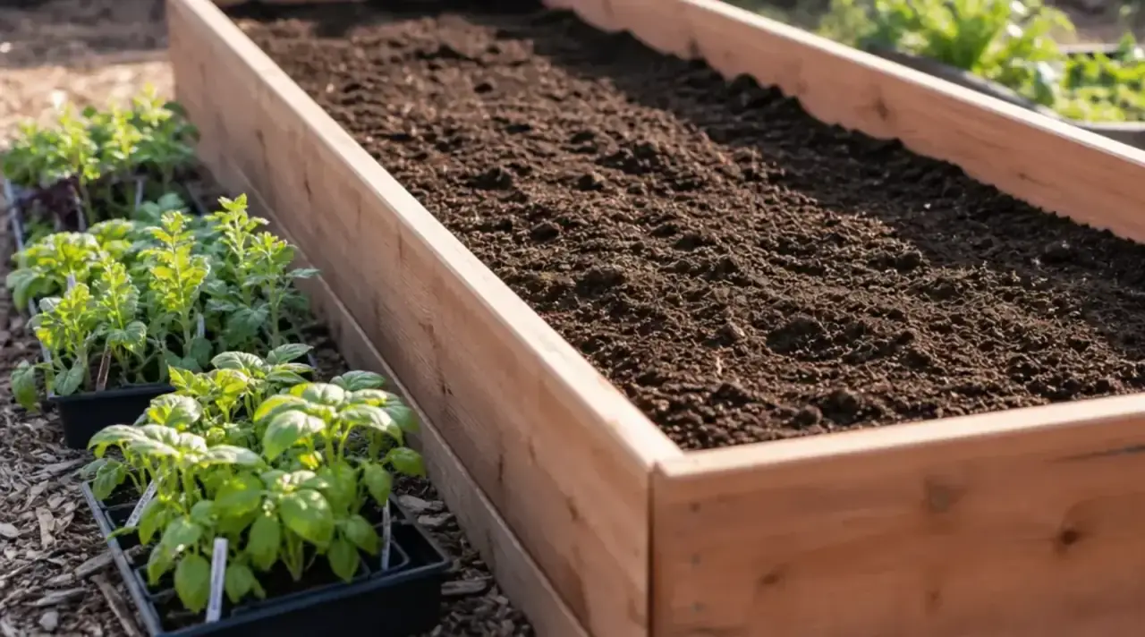 Raised garden bed with freshly tilled soil and transplant starts ready to go in