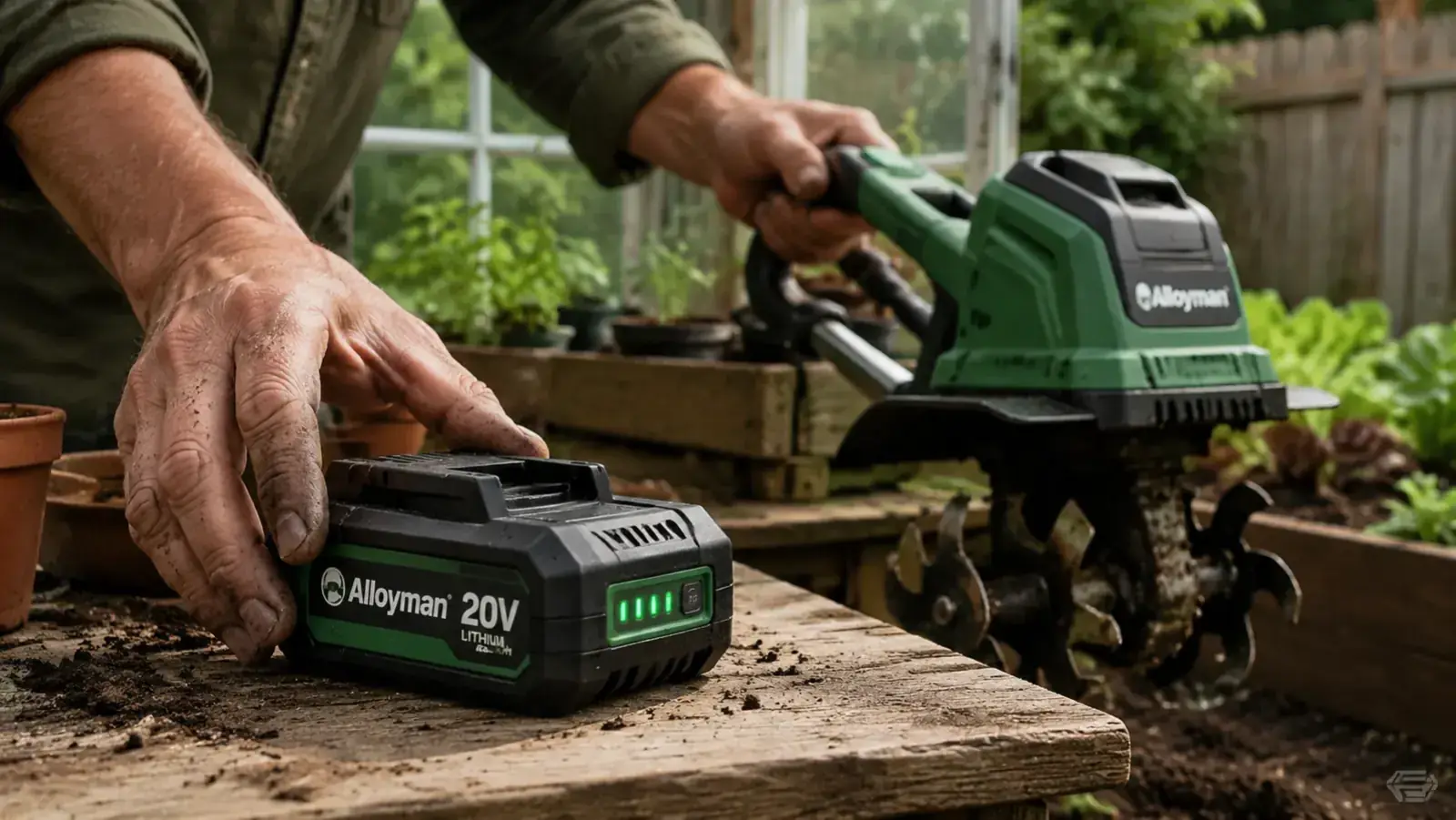 20V lithium battery pack removed from cultivator handle, sitting on a wooden potting bench