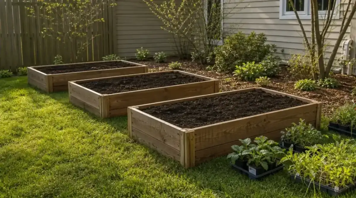 Three raised beds with freshly worked soil and small plant starts waiting to be transplanted on a spring morning