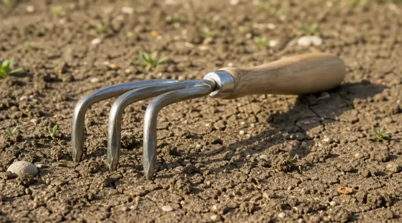 Close-up of a manual claw cultivator tines resting in compacted dry soil