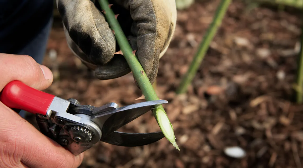Gardener making a clean diagonal cut on a rose cane, showing the stem wound from a sharp bypass pruner
