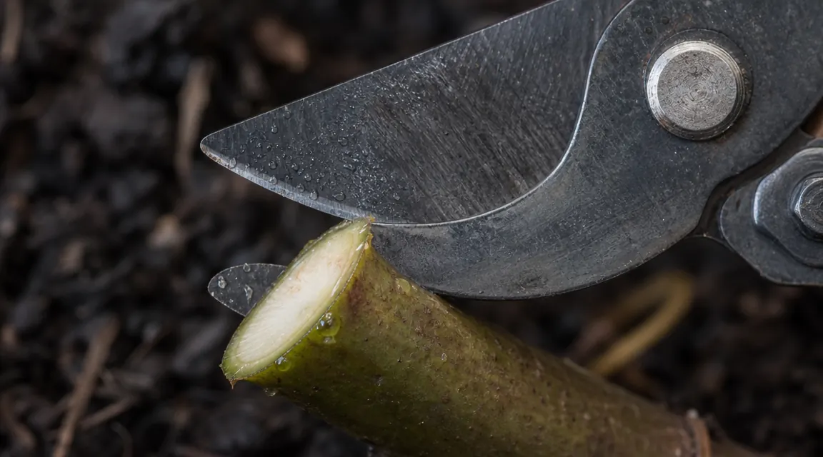 Close-up of a bypass pruner blade showing a clean angled cut on a fresh green stem
