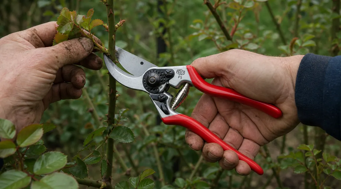 Close-up of Felco F5 pruning shears held open in a gloved hand against a blurred rose cane background