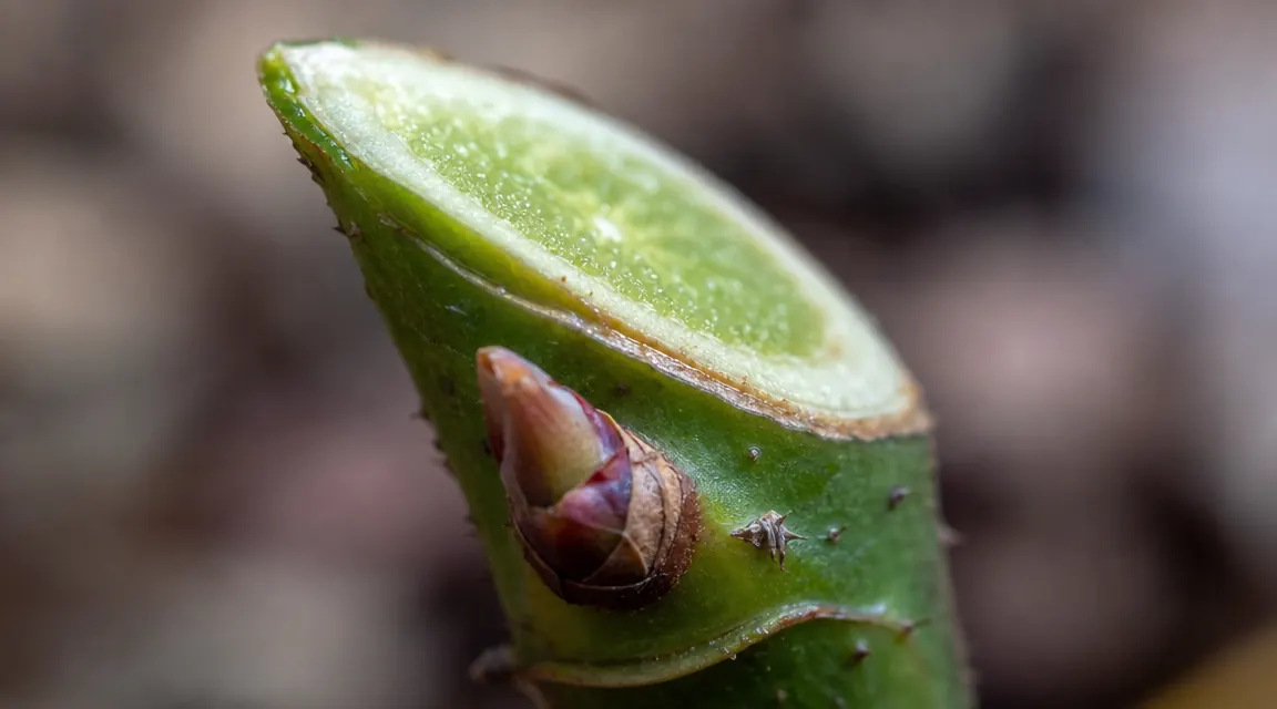 Clean angled cut on a rose cane just above a bud eye, showing smooth wound with no crushing or tearing