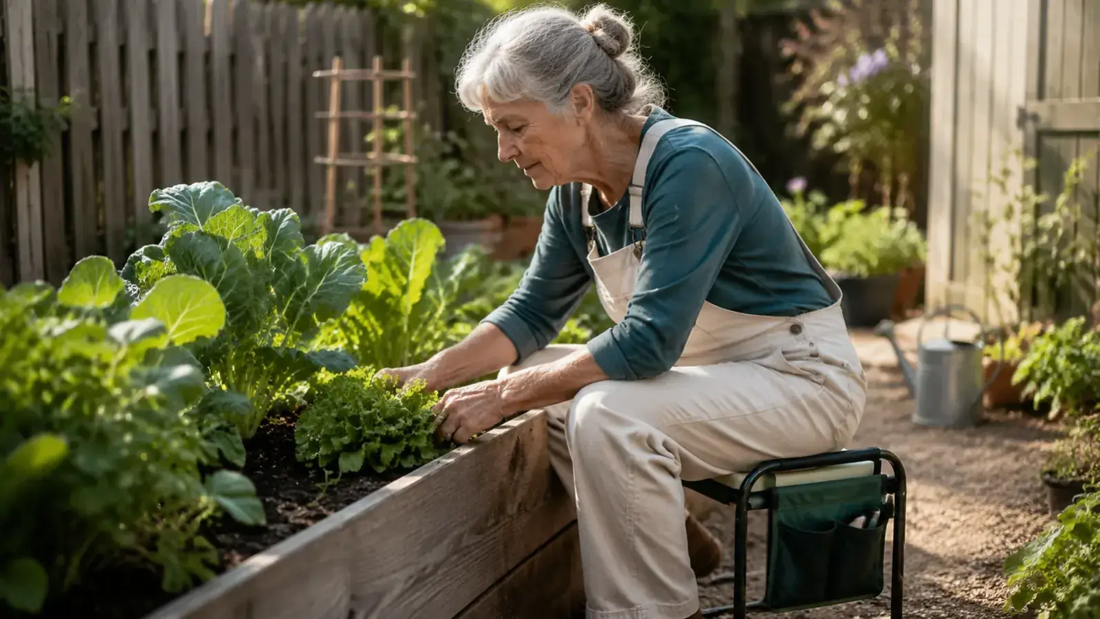 Gardener seated on kneeler-converted-to-bench beside a raised bed, holding pruning shears