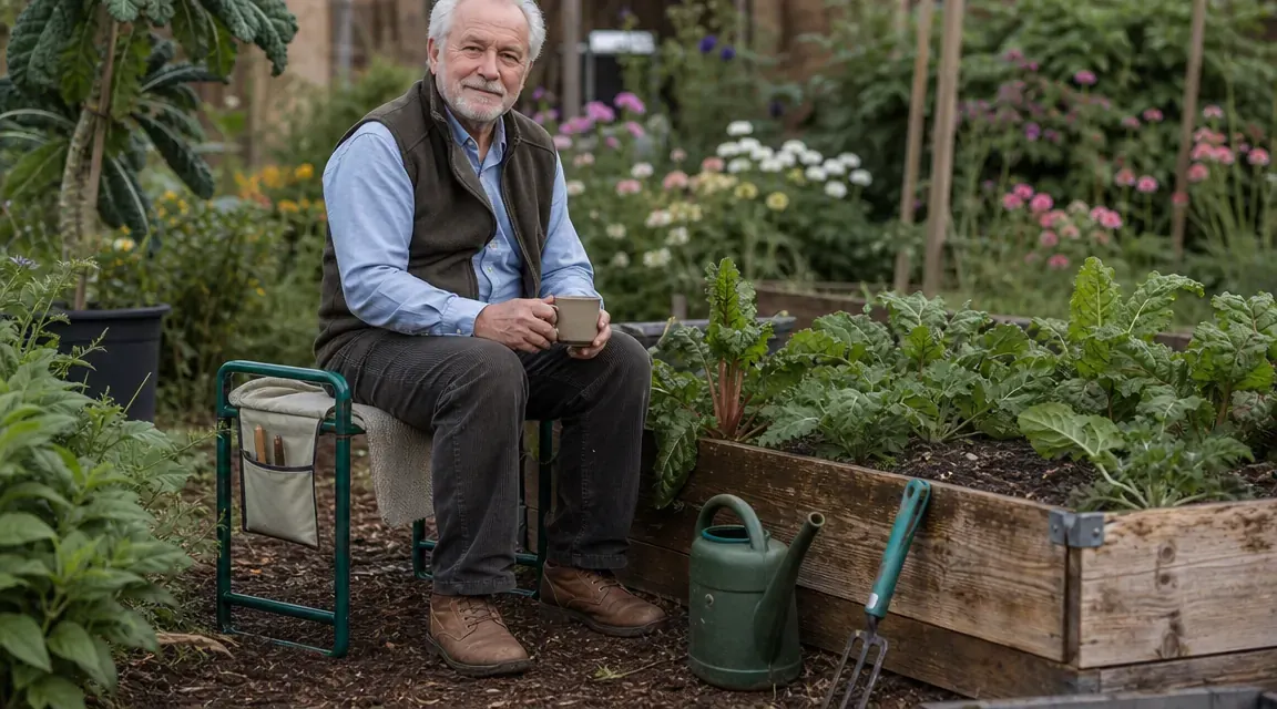 Gardener sitting upright on the kneeler-seat flipped into seat mode, resting between planting tasks