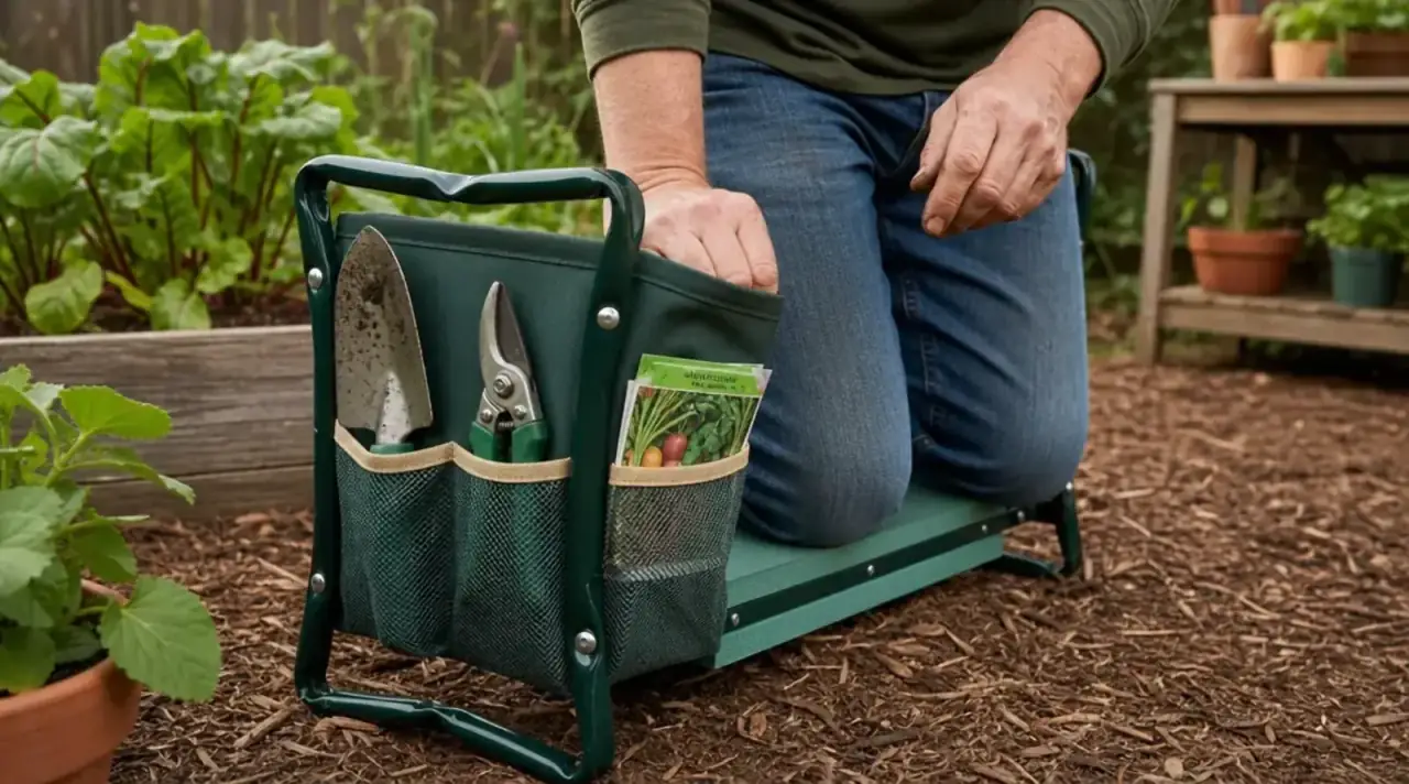 Side pocket of the garden kneeler-seat holding small hand tools and seed packets