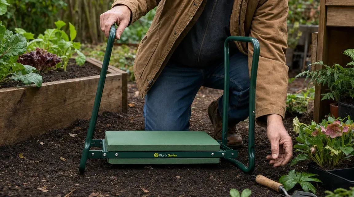 Worth Garden kneeler and seat with side handles in the kneeling position on garden soil