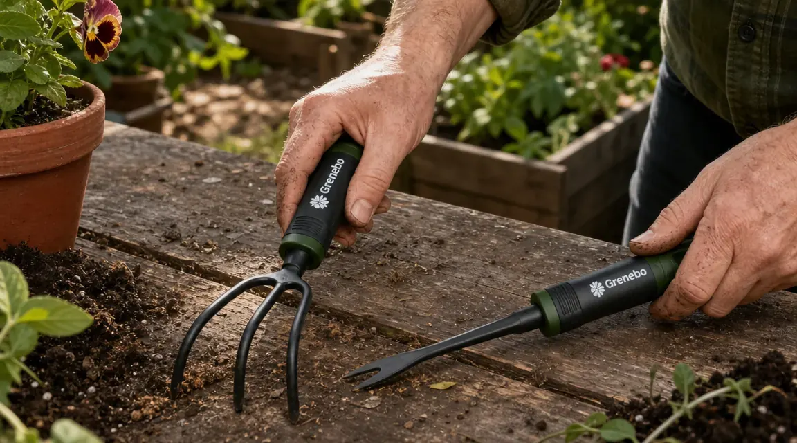 Close-up of the Grenebo cultivator and weeder tools showing the steel construction and soft-grip handles
