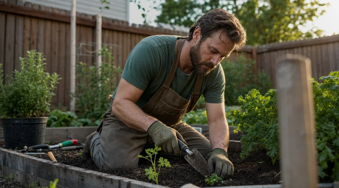 Gardener kneeling beside a raised bed, multiple Grenebo tools visible on the ground nearby