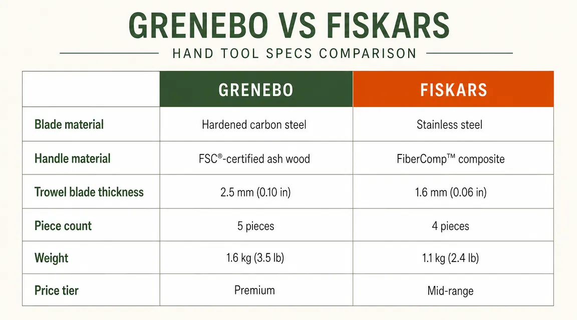 Side-by-side comparison chart showing Grenebo vs Fiskars specs including blade thickness, handle length, and cutting capacity