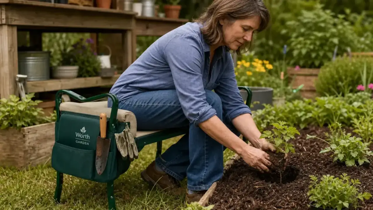 Worth Garden kneeler and seat folded into seat position beside a garden bed, tool pouches visible