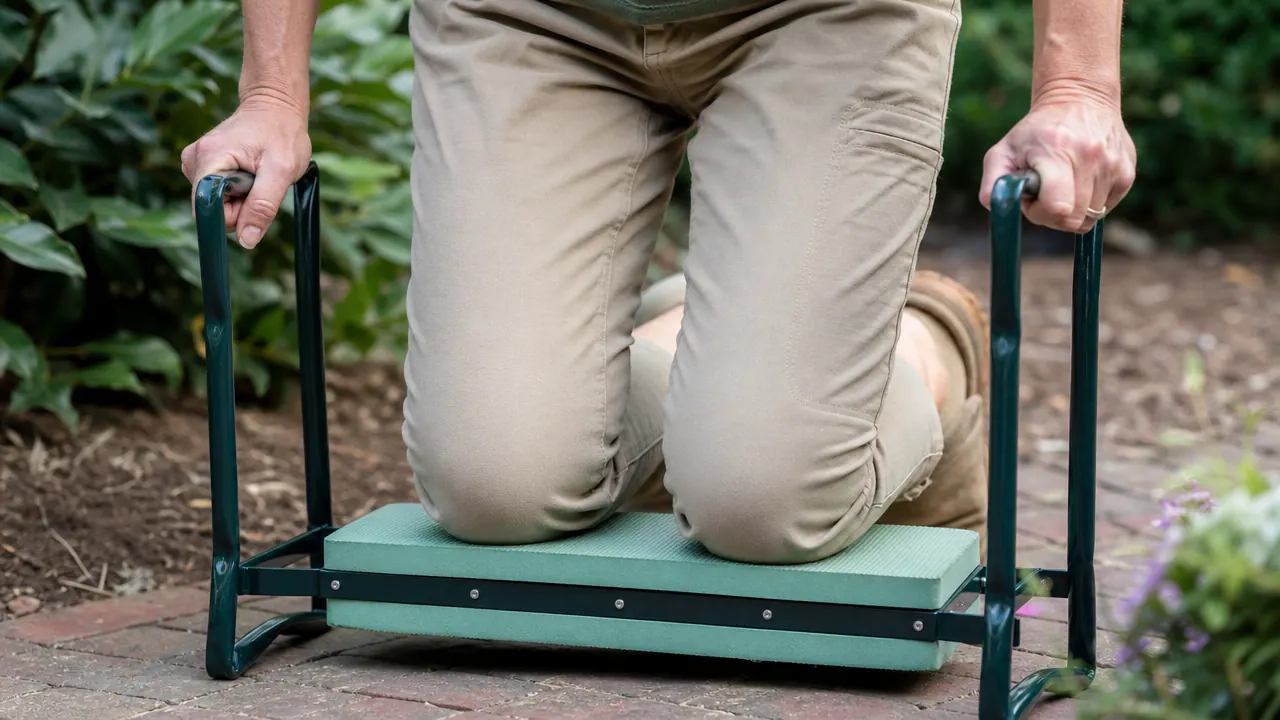Close-up of correct kneeling posture, hands braced on kneeler handles, knees on thick foam pad