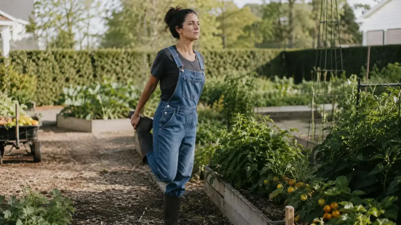 Gardener standing to stretch beside a garden bed after a kneeling session