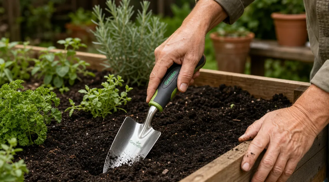 Close-up of a hand using a garden trowel to break up and loosen soil in a raised bed