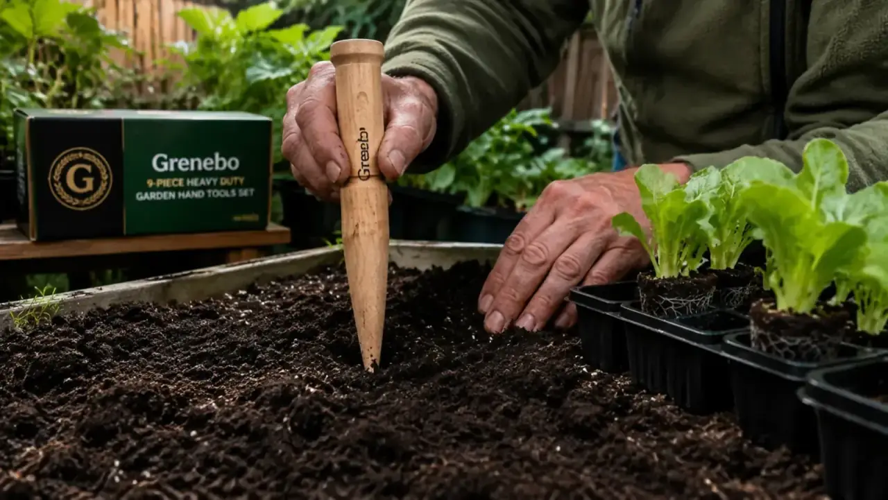 Dibber tool making evenly spaced planting holes in a raised bed, seedlings waiting to be placed