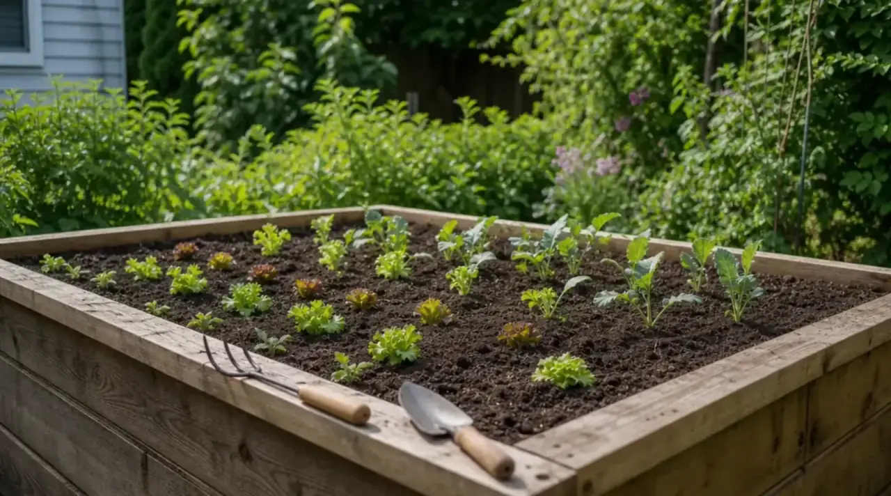 Completed raised bed with newly planted seedlings in neat rows, small plant markers and a hand weeder resting on the frame