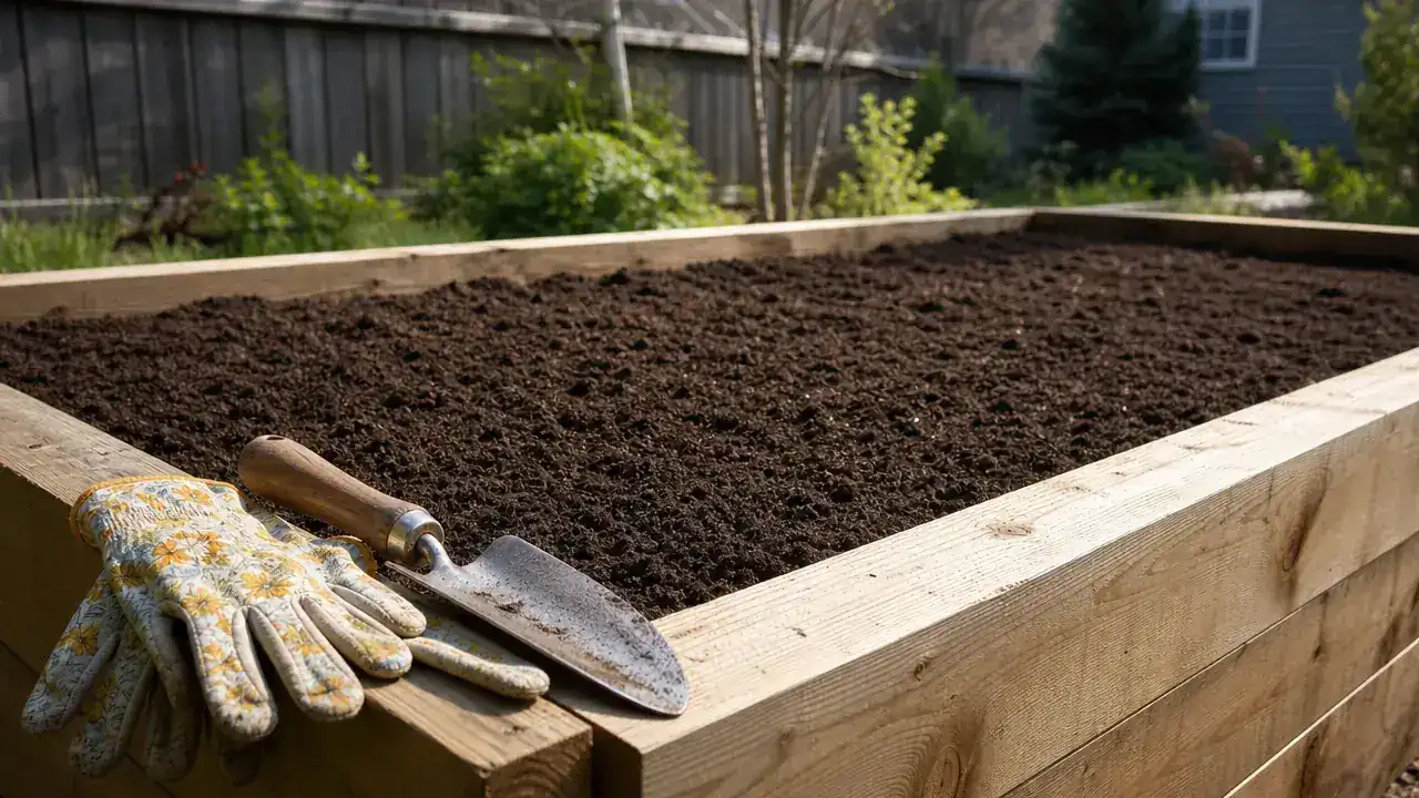 Raised garden bed with freshly tilled, loose dark soil ready for planting, gardening gloves and trowel resting on the edge