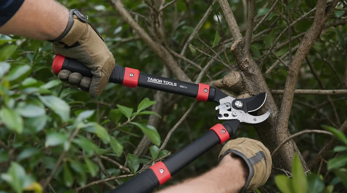 Close-up of lopper blades positioned on a thick crossed branch inside a dense shrub