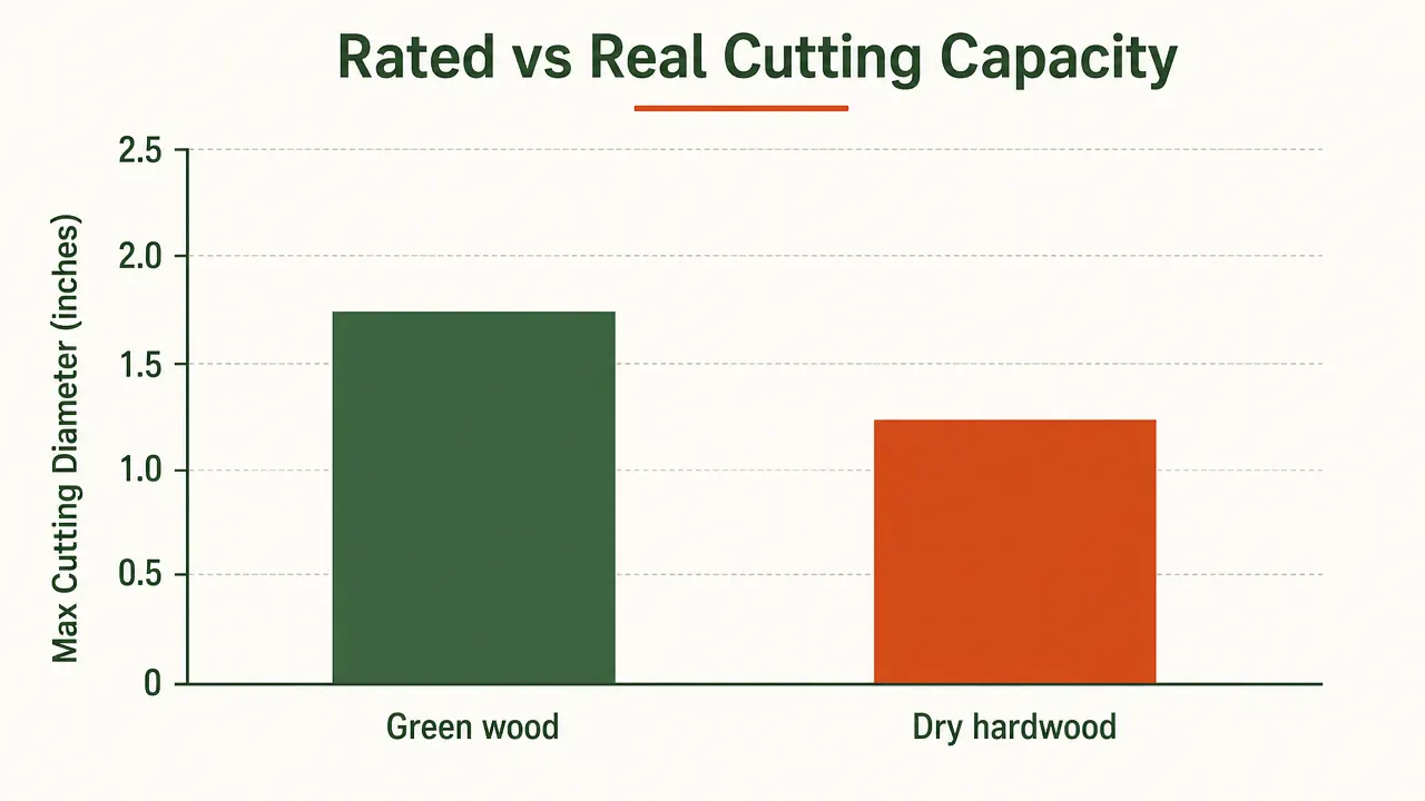Comparison chart showing stated 2-inch cutting capacity versus realistic capacity on dry hardwood versus green wood