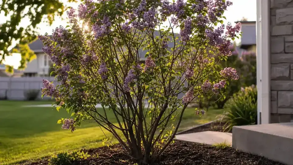 The same lilac bush after pruning, with an open airy structure and visible light passing through the interior